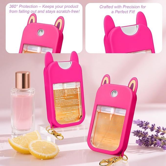 AIERSA Hand Sanitizer Spray Case Compatible with Touchland,Rabbit Ears Design Silicone Hand Sanitizer Case Holder with Keychain for Touch Land Mist Case 1FL. OZ (Hot Pink)