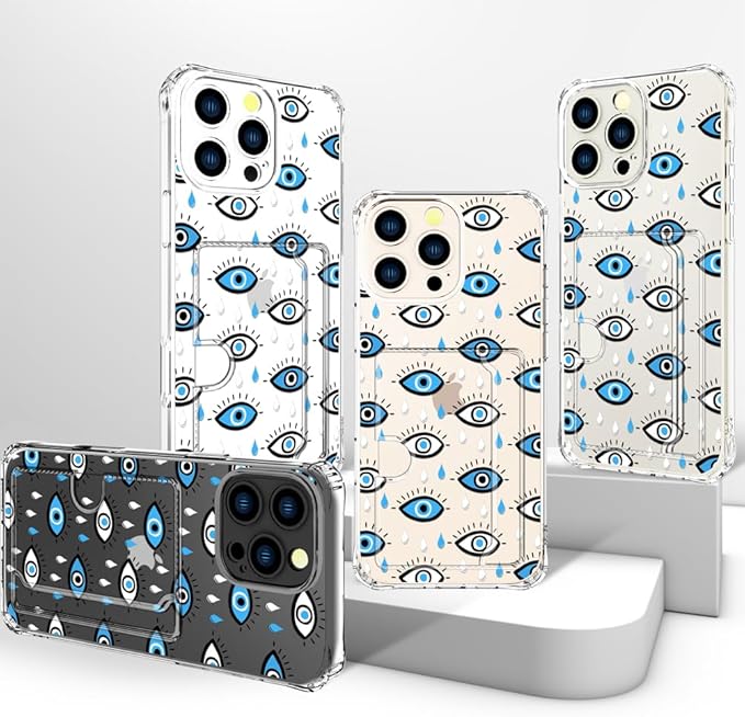 Compatible with iPhone 16 Pro Case Card Holder for Women Cute Design,Wallet Phone Cases Transparent Cool Kawaii Protective (Clear Blue Evil Eyes)