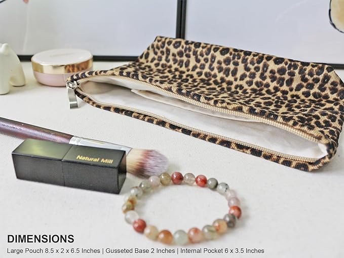 HAPPYHEIDI Leopard Print Makeup Bag with Pocket Large Cosmetic Toiletry Travel Pouch, Small Accessory Organizer Bag, Soft Corduroy Fabric, Brown Cheetah, 8.5x2x6.5 Inches