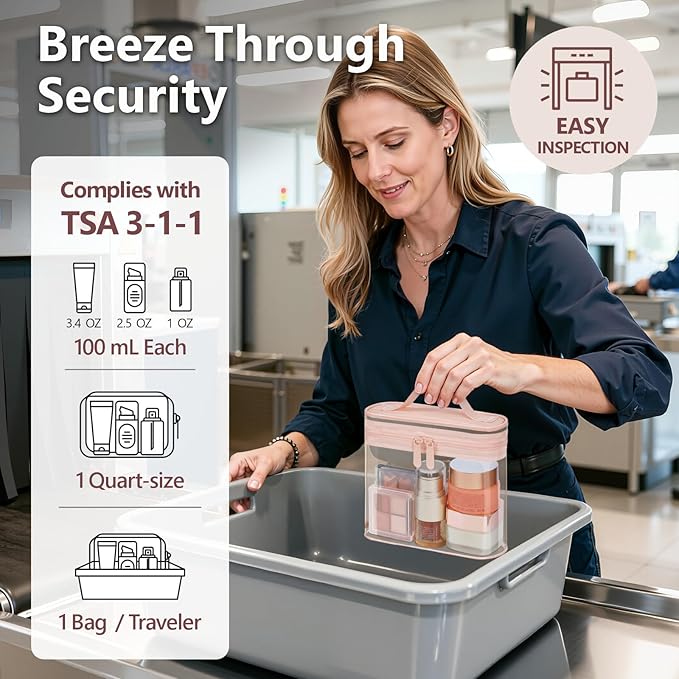 PACKISM TSA Approved Toiletry Bag 2 Pack - Quart Size Clear Makeup Bag with Handle & Dual Metal Zippers, Large Opening 3-1-1 Airline Compliant Security Travel Organizer for Carry On Liquids, Pink