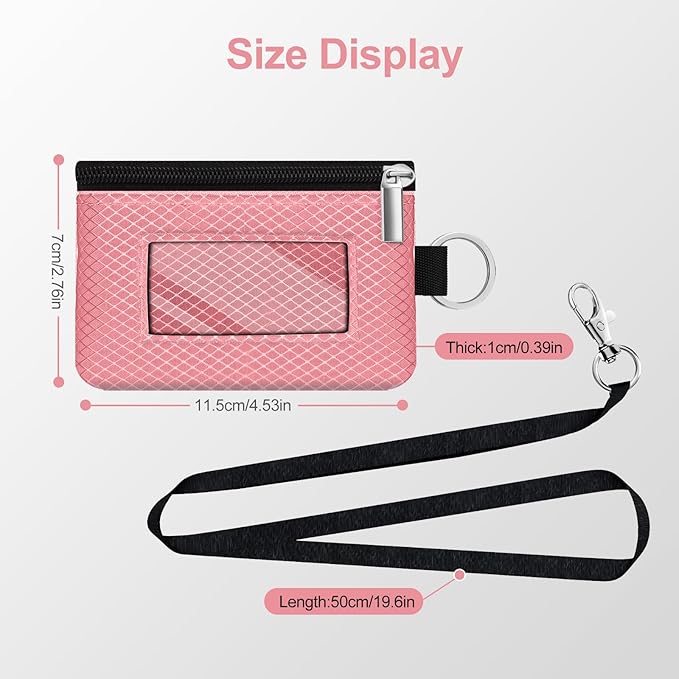 Minimalist RFID Blocking Small Wallet with ID Window,WaterResistant Zip Id Case Wallet with Lanyard Keychain for Cards,Cash,Travel,Women,Men (Pink)