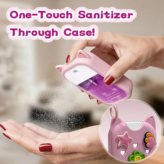 Cat Silicone Case with Keychain & Charms for Touchland Hand Sanitizer Spray, Protective Holder Compatible with Power Mist & Glow Mist 1 FL Oz/30ML