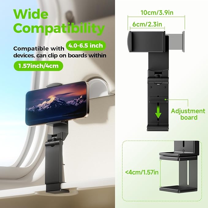 Airplane Phone Holder, Foldable Phone Holder for Airplane Seat Back Luggage Pole Desk 360° Rotation for Multi-Directional Viewing, Travel Essentials Holds Cell Phones (Black 2pcs)
