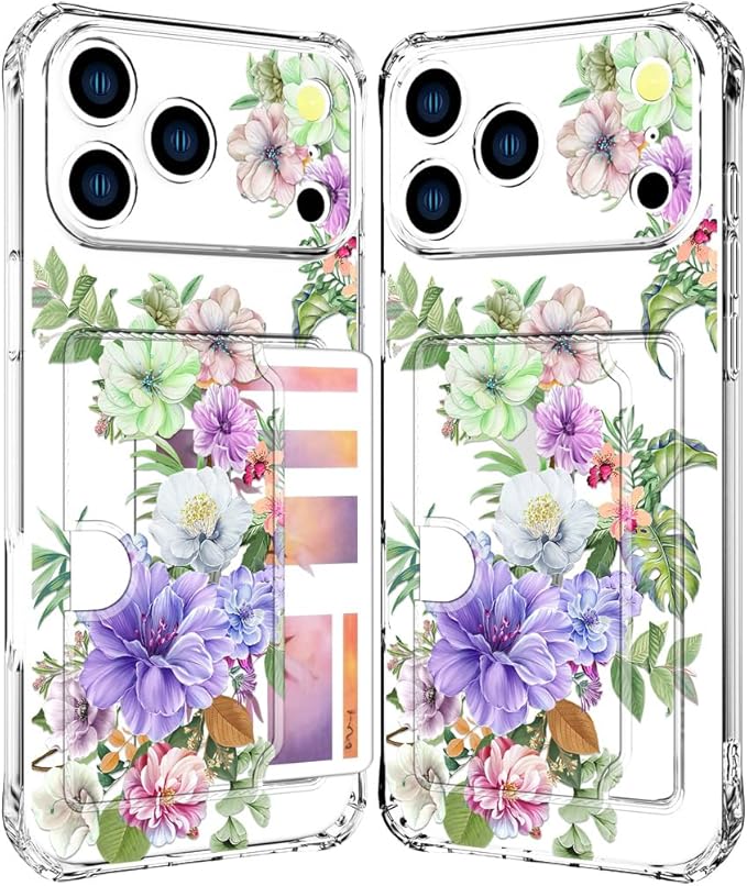 Compatible with iPhone 17 Pro Max Case Card Holder for Women Cute Design,Wallet Phone Cases Transparent Cool Kawaii Protective (Clear Impressive Flowers)