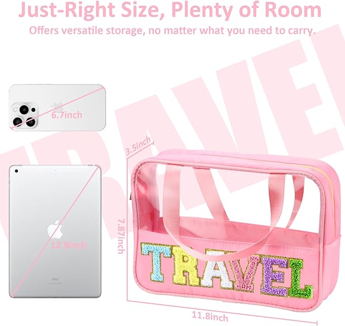 BuyCard Chenille Letter Patch Clear Travel Bags, Preppy PVC&Nylon Makeup Bag with Handle and Zipper, Waterproof Large Clear Travel Toiletry Bag Storage Bag for Women Girls