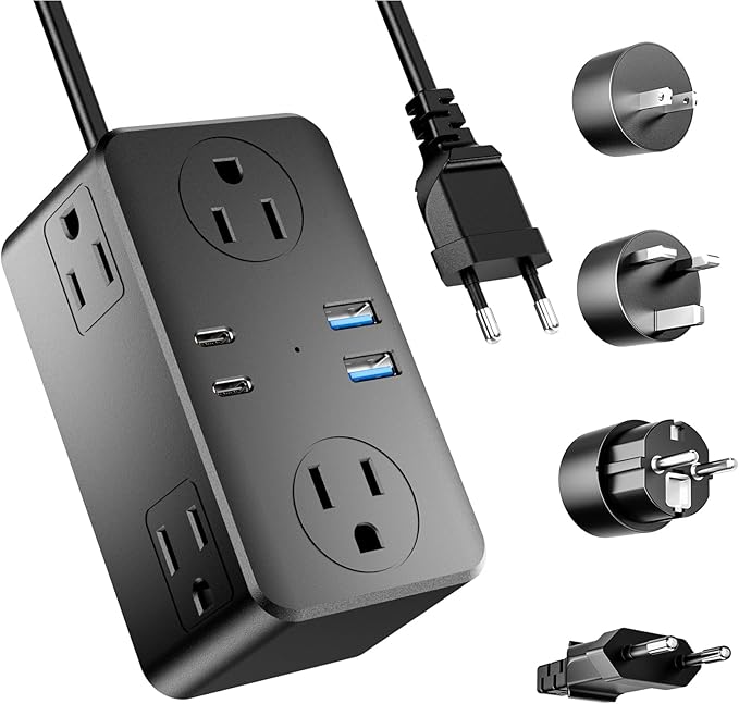 Kakyanill European Travel Plug Adapter, EU/UK/US Travel Plug Adapter Power Strip, 6 AC Outlets, 4 USB Ports (2 USB C), 3ft Wrapped Around Extension Cord, Compact for Travel, Black
