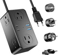 Kakyanill European Travel Plug Adapter, EU/UK/US Travel Plug Adapter Power Strip, 6 AC Outlets, 4 USB Ports (2 USB C), 3ft Wrapped Around Extension Cord, Compact for Travel, Black