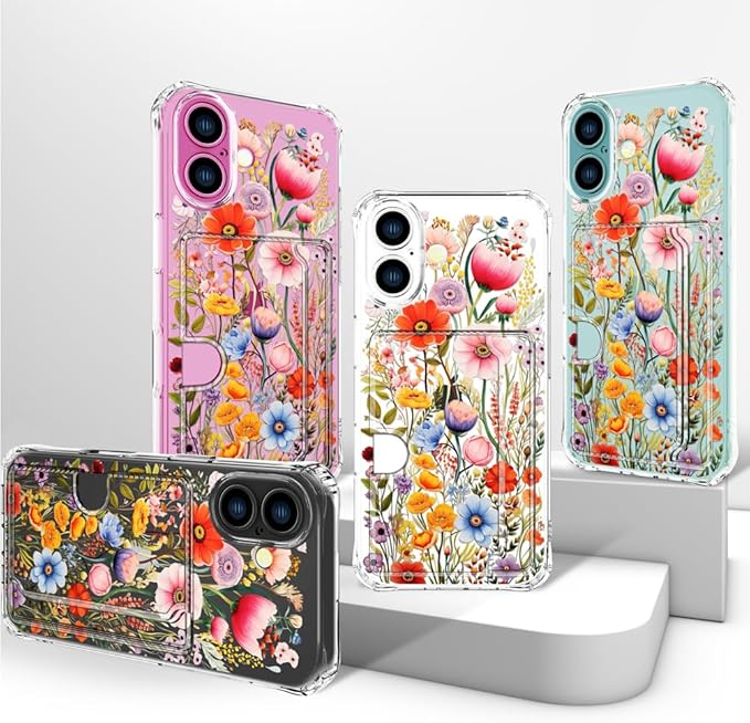 Compatible with iPhone 16 Case Card Holder for Women Cute Design,Wallet Phone Cases Transparent Cool Kawaii Protective (Clear Flowers Lily Girly Florals)