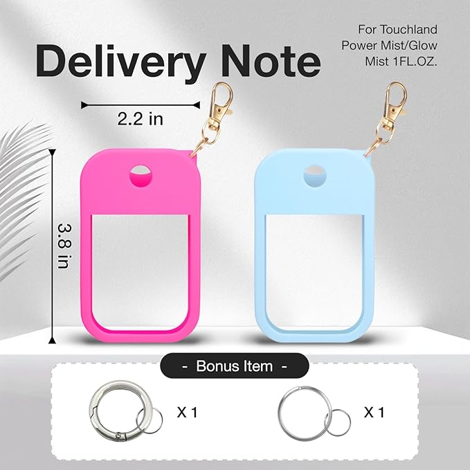 2 PCS Soft Silicone Case for Touchland Power Mist (1FL. OZ./30 mL), Protective and Stylish Case with Keychain Compatible with Touchland Hand Sanitizer Spray (Hot Pink/Blue)