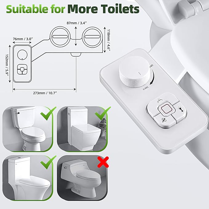 SAMODRA Bidet Attachment, Non-Electric Cold Water Bidet Toilet Seat Attachment with Pressure Controls, Retractable Self-Cleaning Dual Nozzles for Frontal & Rear Wash - White