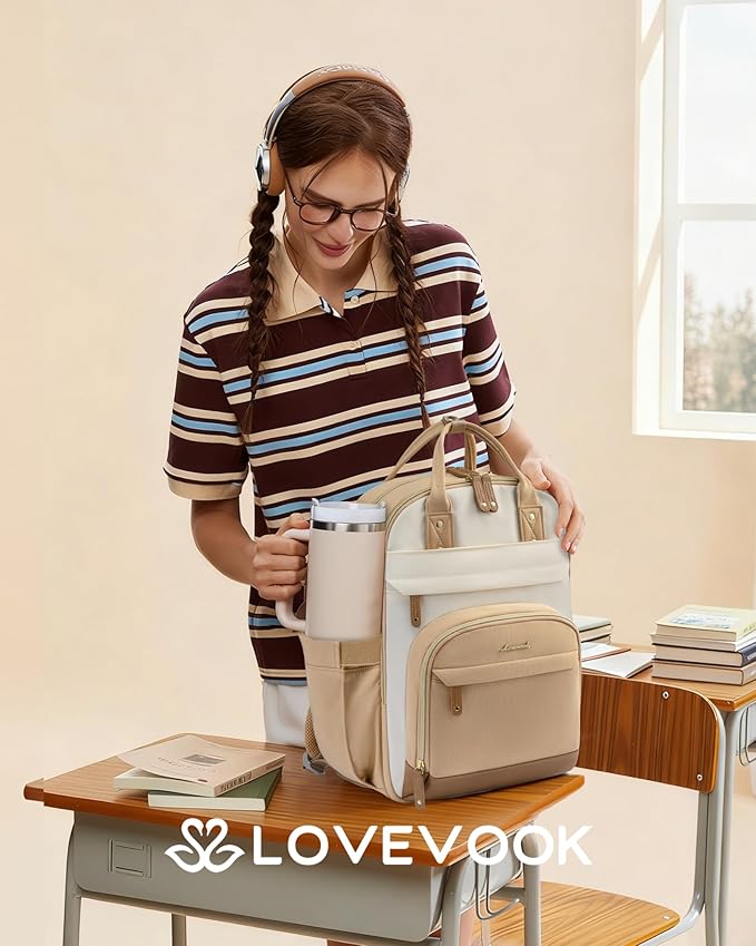 LOVEVOOK Laptop Backpack for Women with Giant Tumbler Holder Pocket,17.3 inch School College Bookbag Nurse Teacher Backpack,Work Travel Backpack Purse Laptop Computer Bag,Beige-Off-white-Earthy yellow
