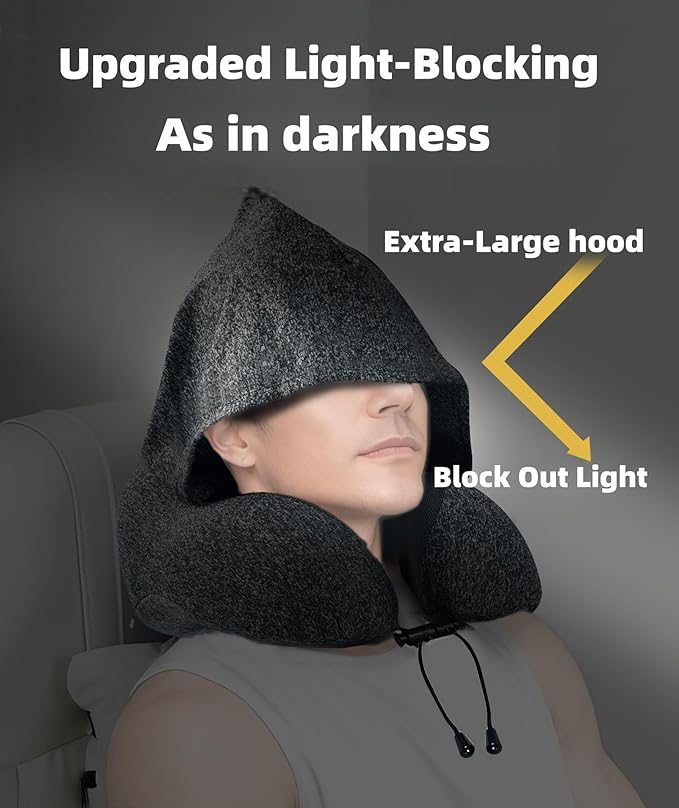 Travel Neck Pillow with Extra Large Hood Rollable Airplane Hooded Neck Pillow with Memory Foam Filling and Removable, Skin-Friendly Cover with a Carrying Case & Pouch (Cationic)