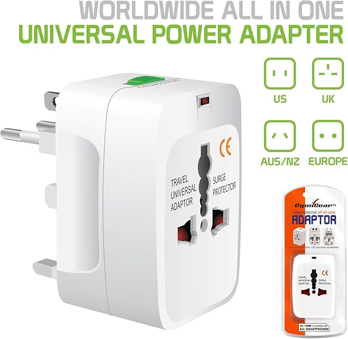 Portable Worldwide Universal Power Adapter All in One International Out of Country Travel Wall Charger Plug for Wall Plug Input in USA EU UK France Italy Australia India Outlets by Cellet