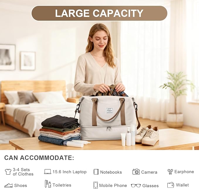 Travel Duffel Bag, 18x14x8 Inches Travel Bag Spirit with Shoes Compartment, Weekender Overnight Bag for Women with Trolley Sleeve, Carry On Bag for Airplanes Sport Tote Gym Bag(Beigebrown).