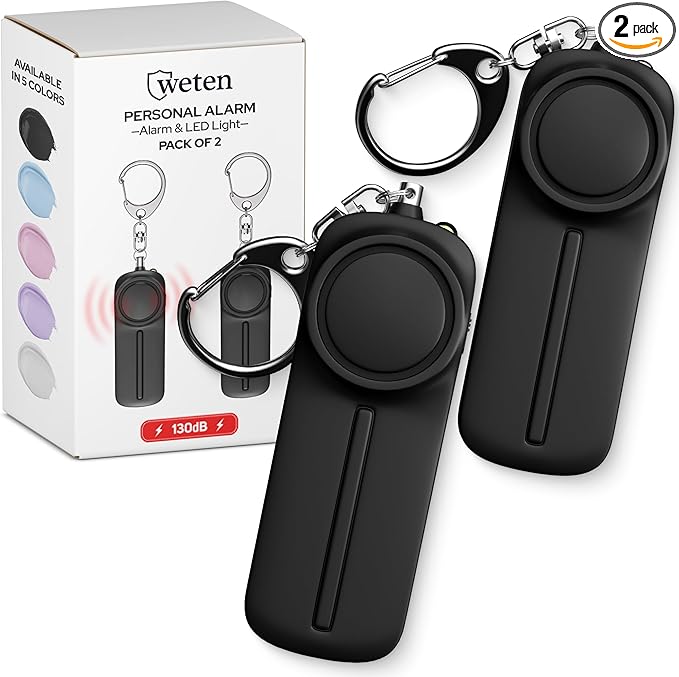 Weten Personal Safety Alarm Keychain - 2 Pack 130dB Siren, LED Light, Panic Pin – Compact Self-Defense Device and Emergency Whistle Alternative for Women, College, Travel, and Night Walk Protection