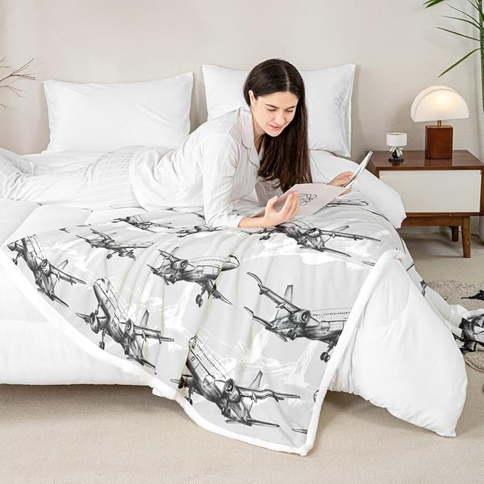 Airplane Kids Throw Blanket,American Aircraft Toddler Bed Blanket for Girls Boys Adults,Hand-Painted Sketch Airplane Fleece Blanket,Black White Fashion Fuzzy Blanket,Baby Size (30 x 39 Inches)