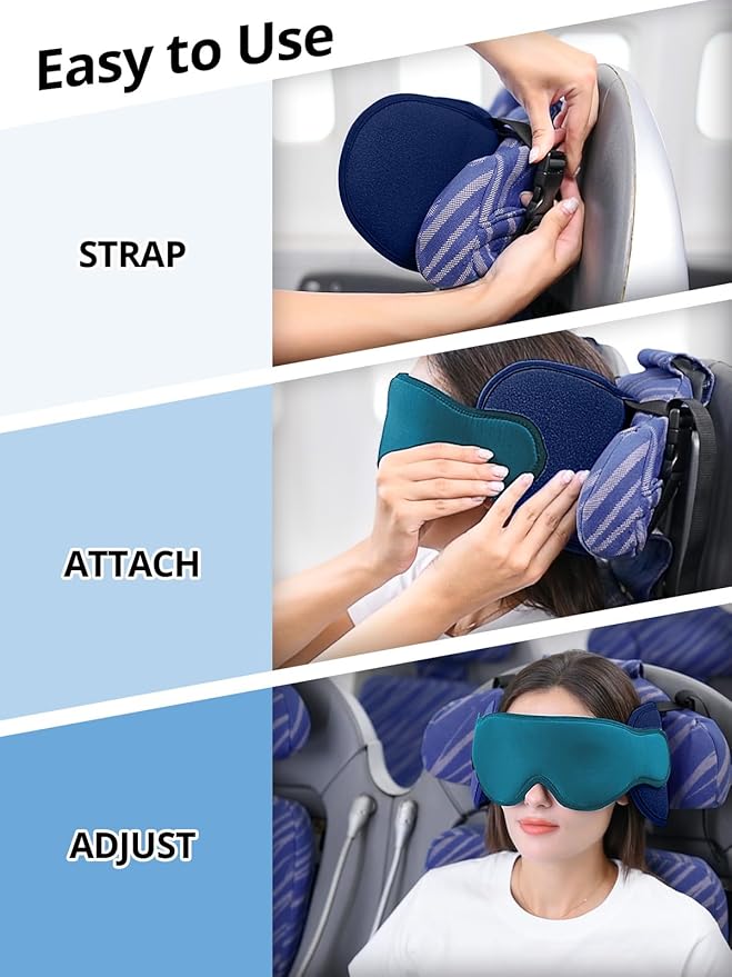 Inspireyes Travel Pillows for Airplanes, 360° Head Support for Long Flight, Soft Airplane Pillow with 3D Eye Mask for Sleeping, Stop Bobblehead, Airplane Headrest Gadgets, Royal Blue