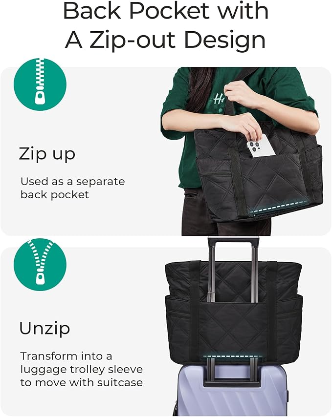 BAGSMART Tote Bag for Women, 20L Puffer Work Tote with Zipper, Quilted Nurse Bag for Travel College