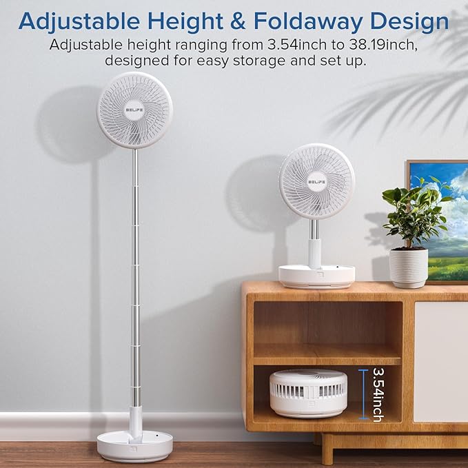 Belife X8 Portable Fan, Cordless 7200mAh Battery Operated Oscillating Fan, USB Rechargeable Desk Floor Fan with Remote, Foldable Telescopic Fan for Home Bedroom Sleeping Office Camping Travel (White)