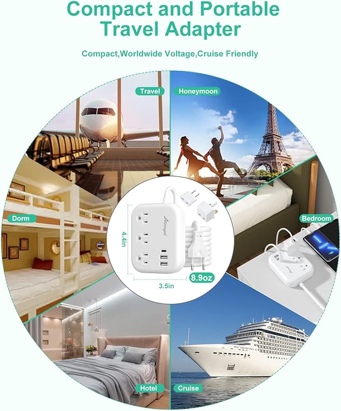 European Travel Plug Adapter, Alitayee EU/UK/US Travel Power Strip with 3 Outlets 3 USB Ports, International Universal Plug Adapter with 3ft Extension Cord to EU UK Italy Spain France Germany Cruise
