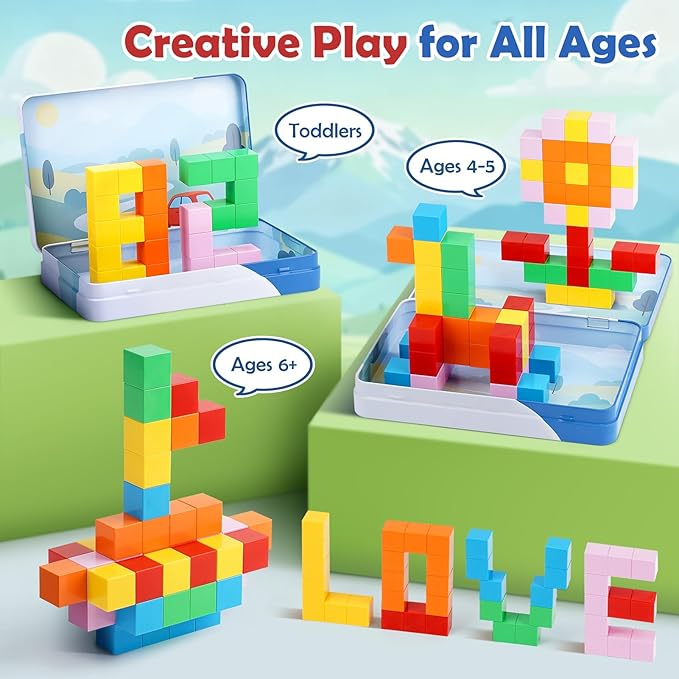 52 PCS Magnetic Blocks with Metal Box, 0.8in Mini Building Cubes Protable Travel Airplane Classroom Toys for Kids Ages 3+, STEM Educational Building Set for Toddlers Boys & Girls Birthday Gifts
