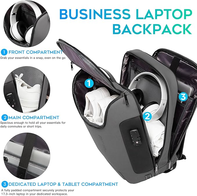 BANGE Anti-Theft Backpack with USB Charging Port for Men, 17.3 Inch Business Laptop Backpack, TSA Approved Lock & Waterproof Zippers, Large Travel Computer Bag