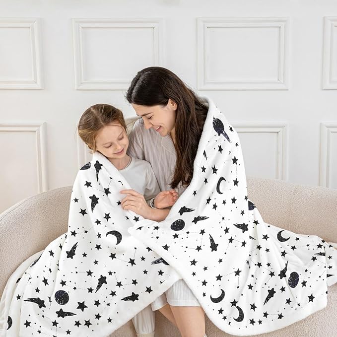 Sun and Moon Kids Throw Blanket,Starry Sky Galaxy Planets Romantic Bed Blanket for Girls Boys Adults,Constellation Trippy Fleece Blanket,Black White Fuzzy Blanket,Twin Size (60 x 80 Inches)