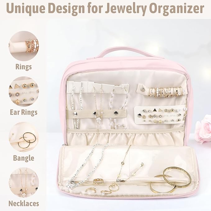 YOPCDJ Hanging Toiletry Bag with Jewelry Organizer,Travel Bag for Toiletries,PU Leather Cosmetic Bags for Women Make Up Organizer with 4 Compartments Waterproof Portable Travel Essentials