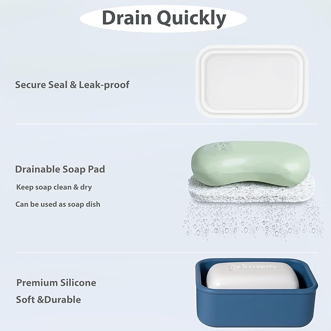 2PC Portable Leakproof Travel Soap Case, Silicone Travel Soap Case, Compact Soap Holder with Drainage Layer, Travel Soap Holder for Camping, Gym, Outdoor milkywhite&darkblue