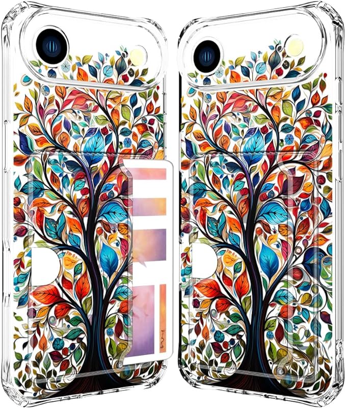 Compatible with iPhone 17 Air Case Card Holder for Women Cute Design,Wallet Phone Cases Transparent Cool Kawaii Protective (Clear Tree Colorful Leaves)