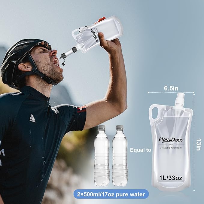 2 Pack Collapsible Water Bottles, 1L Hiking Water Flasks (2L Total) - 33oz BPA-Free Reusable Drink Bags With Carabiners and Handles, Squeeze Water through a Filter or Use as Water Bottles