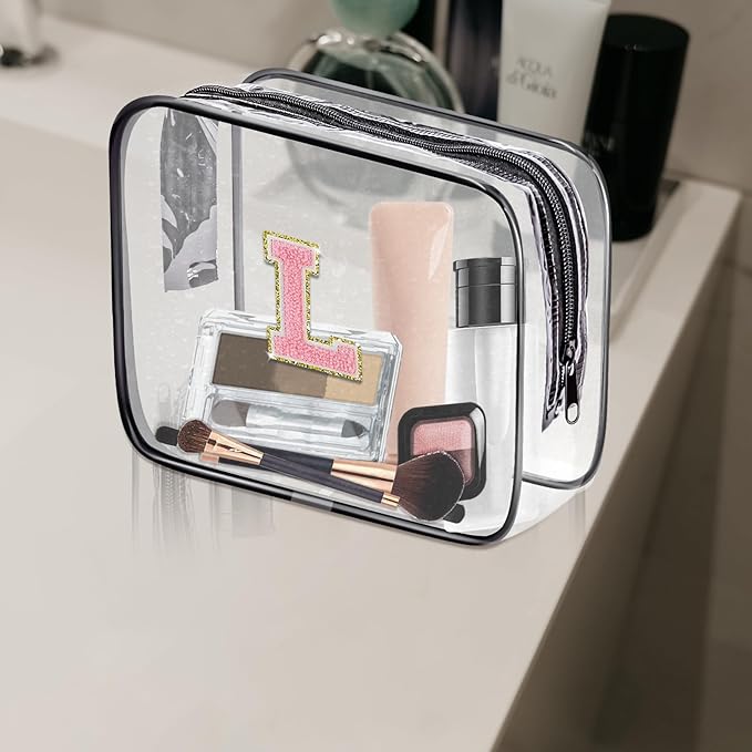 Clear Toiletry Bag,Portable Travel Toiletry Bag,Chenille Letter Cosmetic Bag with Zipper,Waterproof Makeup Bag,Cosmetic Storage Organizer for Women Men,Travel Essentials (Black,C)