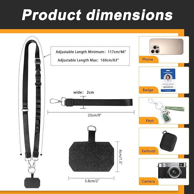 Cell Phone Lanyard with Detachable Phone Wrist Strap 3 in 1 Anti Theft Adjustable Crossbody Phone Strap Around the Neck, for Keys, ID Badges, Compatible with iPhone, Vacation Essentials, Black