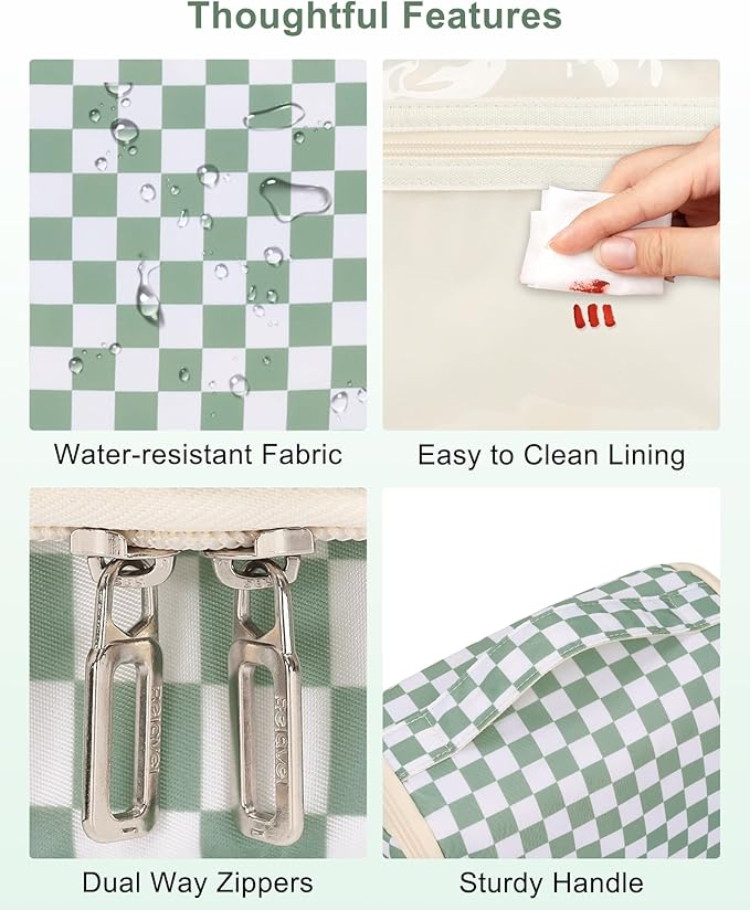 Relavel Travel Toiletry Bag for Women Makeup Bag Cosmetic Organizer Toiletries Bag with Hanging Hook for Travel Size Essentials Accessories Shower Caddy Bag for Bathroom Beach Gym, Green Checkerboard