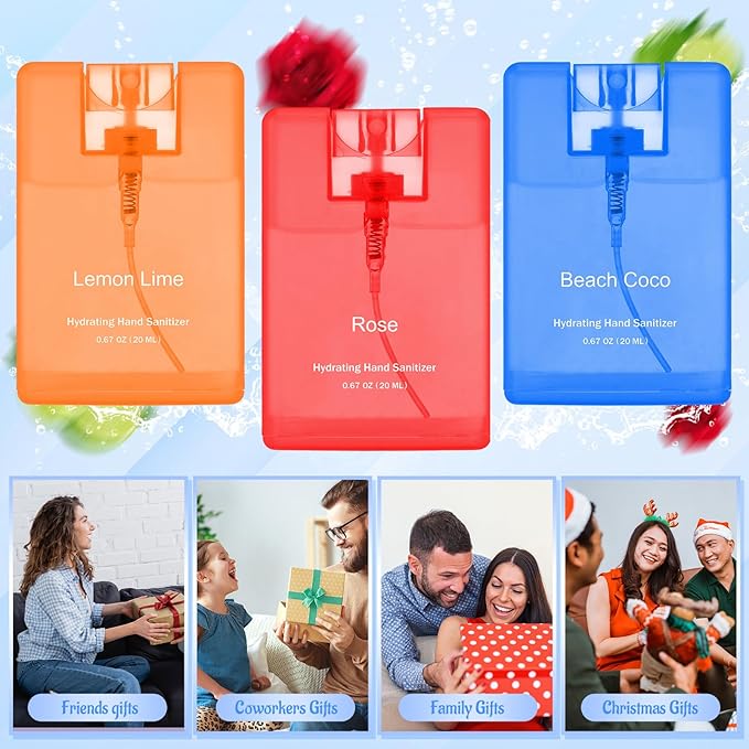 Set of 3 Power Mist Hydrating Hand Sanitizer Spray Bulk Travel Size Refreshing Hand Sanitizer 0.67 Fl. oz Compact Card Spray Bottle Rose Beach Cocoa Lemon Lime Scent for Daily Personal Use Gift