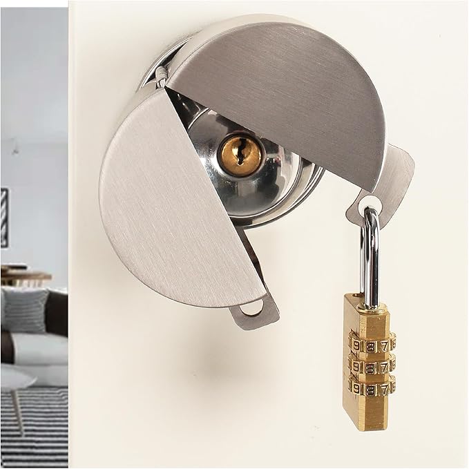 Door Knob With Lock,Without Drilling ,Dementia Door handle lock，From Outside Prevents Turning of Door Knob and Access to Keyhole,for Apartment Evictions，Childproof (Stainless steel with padlock)
