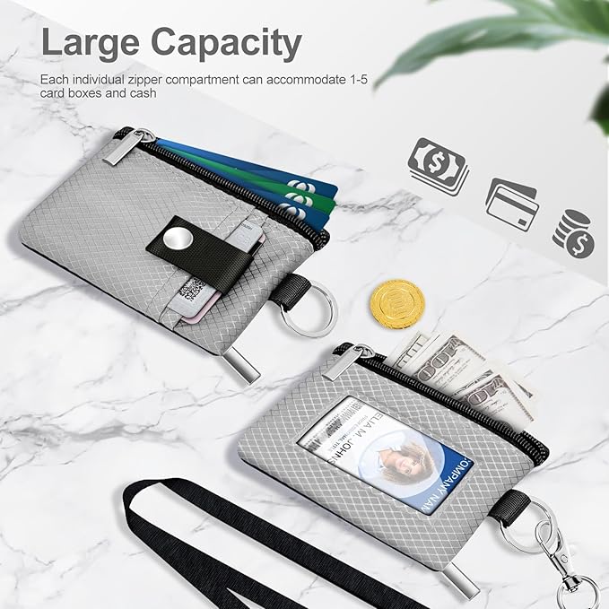 Minimalist RFID Blocking Small Wallet with ID Window,WaterResistant Zip Id Case Wallet with Lanyard Keychain for Cards,Cash,Travel,Women,Men (Light gray)
