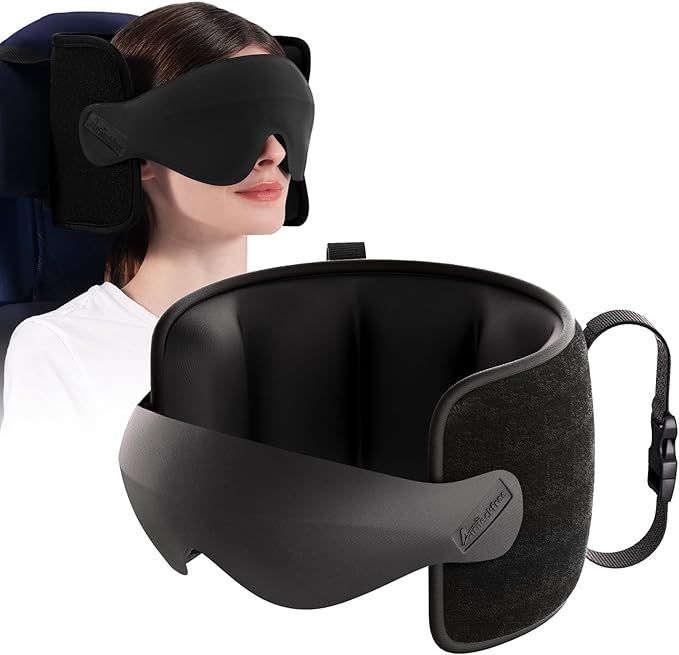 Travel Pillow for Airplane, Travel Pillow with Seat Strap and 3D Eye Mask to Firm Head, 360°Support Headrest No Bobblehead, Travel Essentials for Long Flight,Car Road Trip,Black