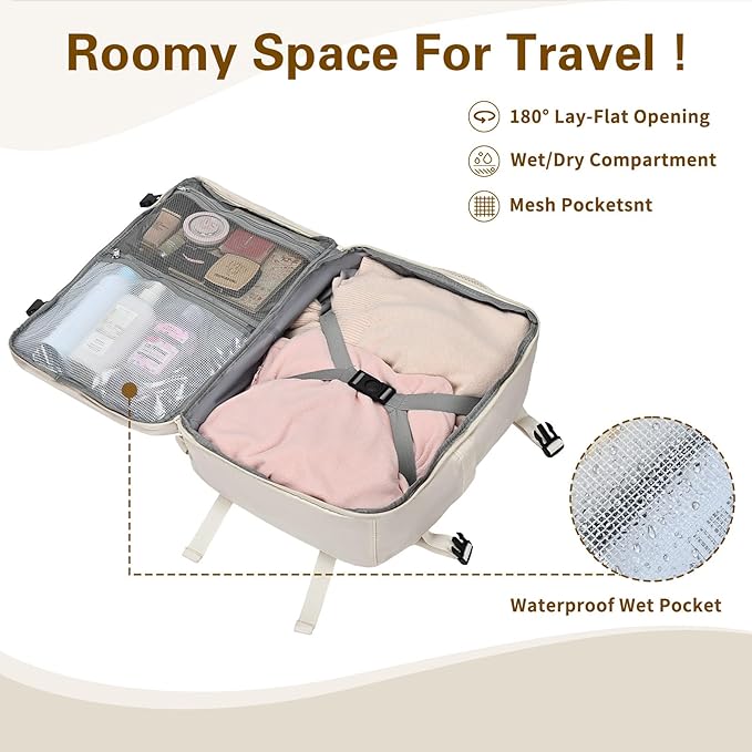 Carry On Backpack for Women & Men – Airline Approved Underseat Size, 15.6" Laptop Compartment, TSA-Friendly 180° Opening, Anti-Theft Business Travel Backpack with Trolley Sleeve (Ivory, Large)