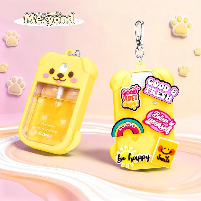 Metyond Dog Silicone Case for Touchland Hand Sanitizer Spray Power Mist 1 FL OZ/30ML for Touchland Case with Keychain, with Cute Charms Accessory Cute Travel Case (1PCS Yellow)