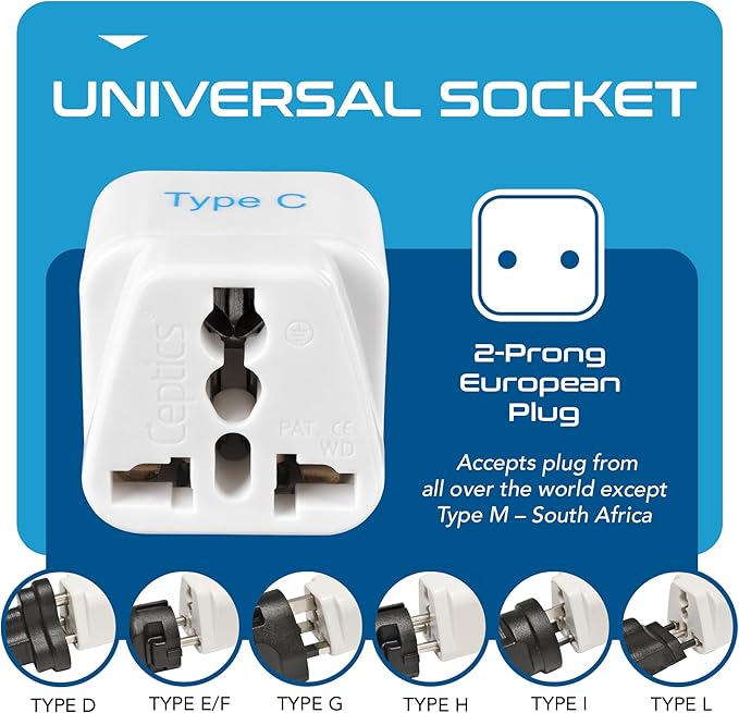 Ceptics European Travel Plug Adapter (Type C), Universal to European EU, Power Charge your Electronics in Italy, Greece, Germany, Outlet Adaptor 3 Pack