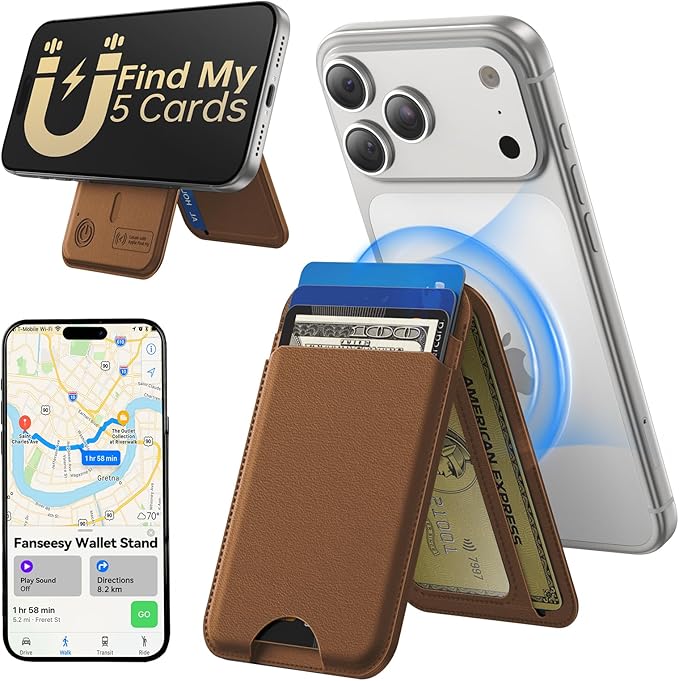 TWZKG for MagSafe Wallet, Works with Apple Find My,5 Card Holder with Stand, Magnetic Phone Wallet for iPhone 17/16/15/14/13/12 Pro Max Plus Air, RFID Blocking Vegan Leather,Coffee