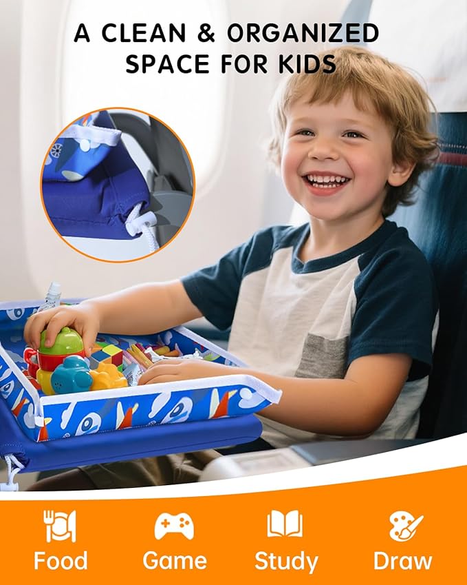 Adjustable Kids Airplane Tray Cover with Pocket Organizer, Snack & Toy Pockets, Toddler Airplane Travel Essentials, Travel Tray for Plane Train, Clear Touch Tablet Pocket, Carrying Strap, Plane Print