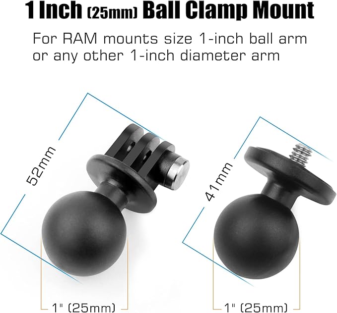 GEPULY 2pcs 1''/25mm Ball Head Mount 1/4"-20 Threaded Stud+Tripod Adapter for Gopro Hero Series/AKASO/Insta360/DJI OSMO Action Camera, Fit RAM Ball Head Mount B Size Double Socket Arm