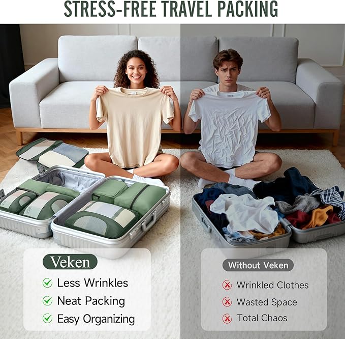 Veken 8 Set Packing Cubes for Travel Essentials, Suitcase Organizer Bags in 4 Sizes, Carry-On Luggage Accessories with Large Laundry Bag & Passport Holder, Must-Have for Airplane, Road Trip & Camping
