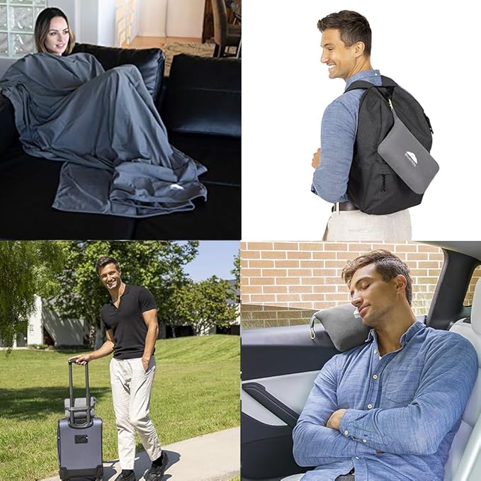 BlueHills Lightweight Travel Blanket Pillows for Two Airplane Compact Portable Traveling Essentials Flight Throws in Bag Large Plane Accessories – Black and Gray