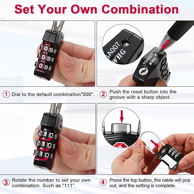 ZHEGE TSA Approved Locks for Luggage, 3 Digit Resettable Keyless Cable Locks with Zinc Alloy Body, Easy to Read White Numbers, for Suitcase, Backpack, Bag, Toolbox, Gym Locker (Black, 2 Pack)