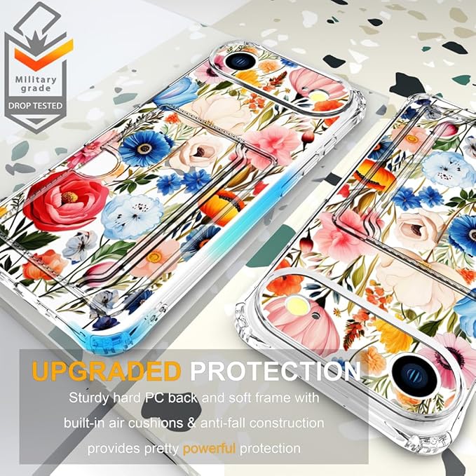 Compatible with iPhone 17 Air Case Card Holder for Women Cute Design,Wallet Phone Cases Transparent Cool Kawaii Protective (Clear Flower Art Rose Peony)