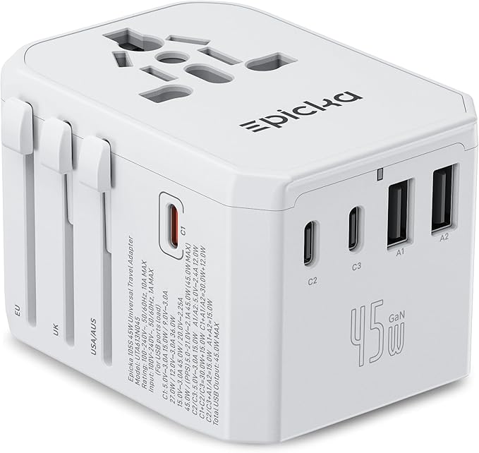 EPICKA Universal Travel Adapter GaN 45W, European Travel Plug Adapter with PD&QC Fast Charging(2 USB-A & 3 USB-C Ports) - Worldwide Travel Essentials, International Power Adapter for UK/US/AU