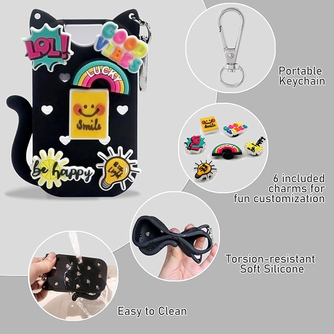 Silicone Case Compatible with Touchland Hand Sanitizer Spray 1 FL OZ/30ML,Stylish & Portable Hand Sanitizer Spray Accessory with 6 Charms Decorations & a Keychain (Black)